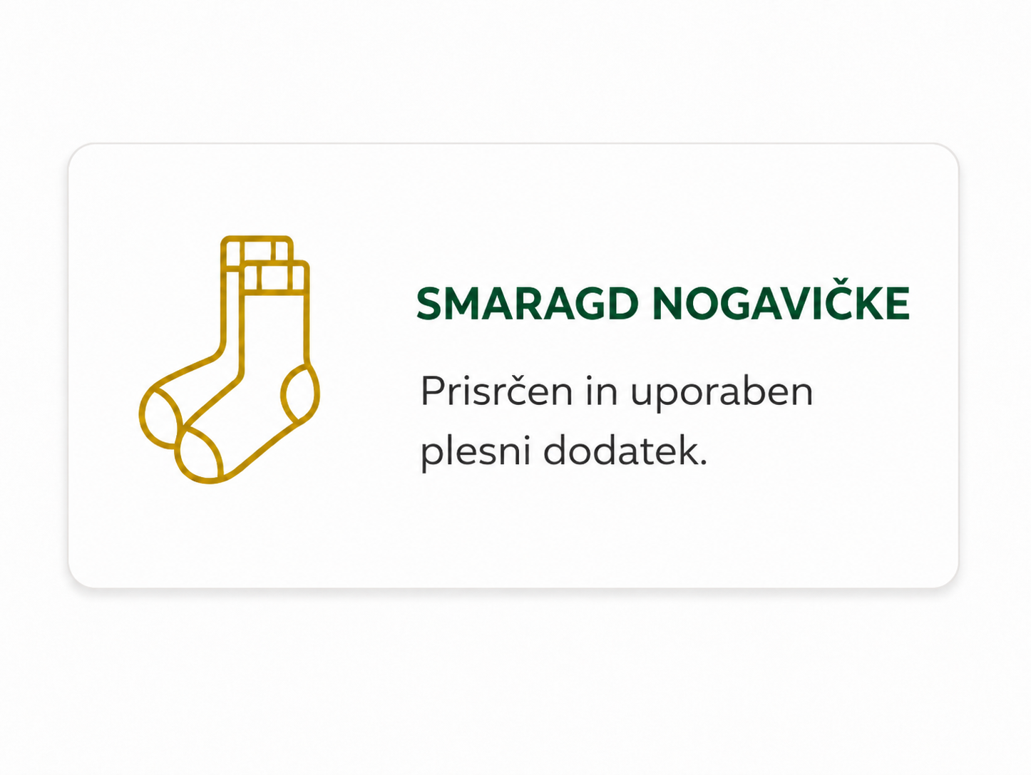 Label for emerald socks featuring a gold outline sock icon and green title 'SMARAGD NOGAVIČKE' with Slovenian text 'Prisrčen in uporaben plesni dodatek.'