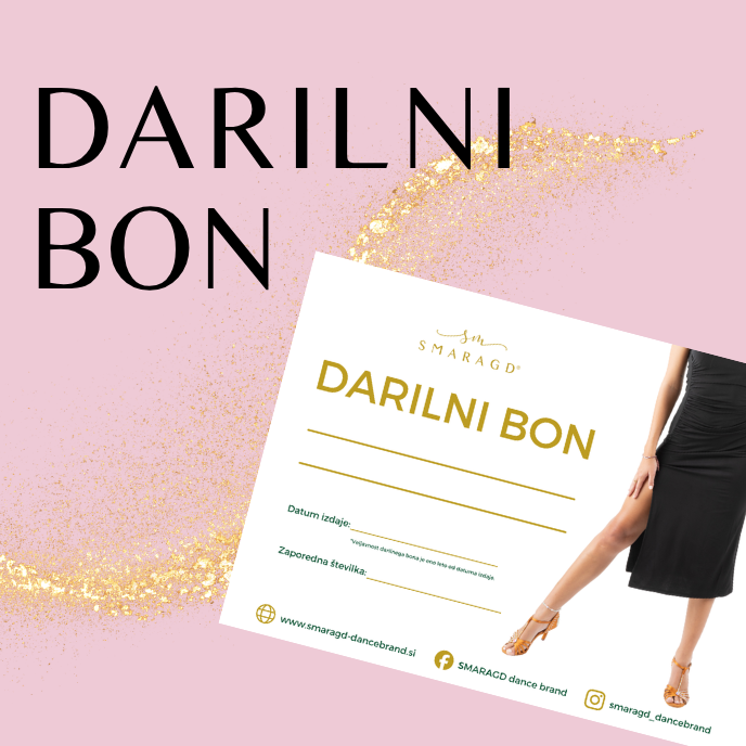 Promotional banner for DARLINI BON with a pink background, gold glitter arc, and a tilted white certificate beside a dancer in a black dress.