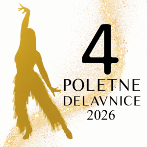 Poster advertising the 4th Poletne Delavnice 2026 with a golden dancer silhouette and gold paint splashes.