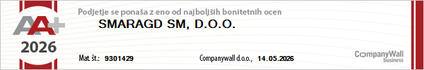 Emerald Award badge for SMARAGD SM, D.O.O. showing registration 9301429 and date 14.05.2026.